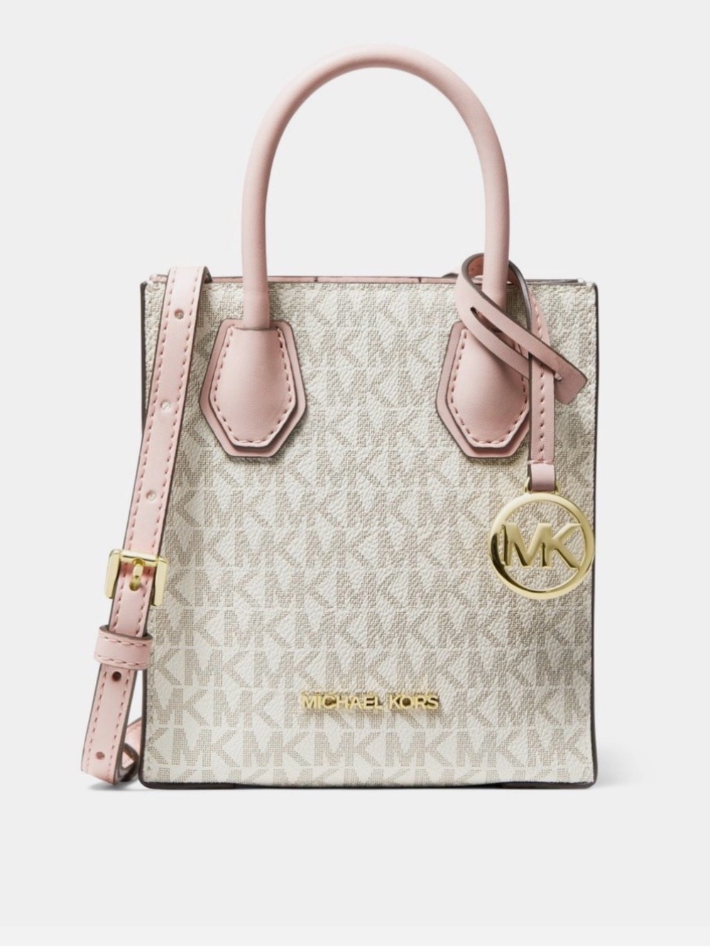 Michael Kors Cream Logo Mini Tote with Pink Trim and Gold Hardware